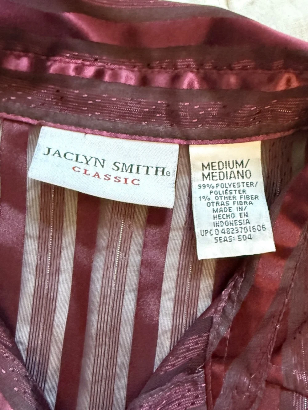 Y2K Jaclyn Smith Maroon Satin-Stripe Sheer Blouse